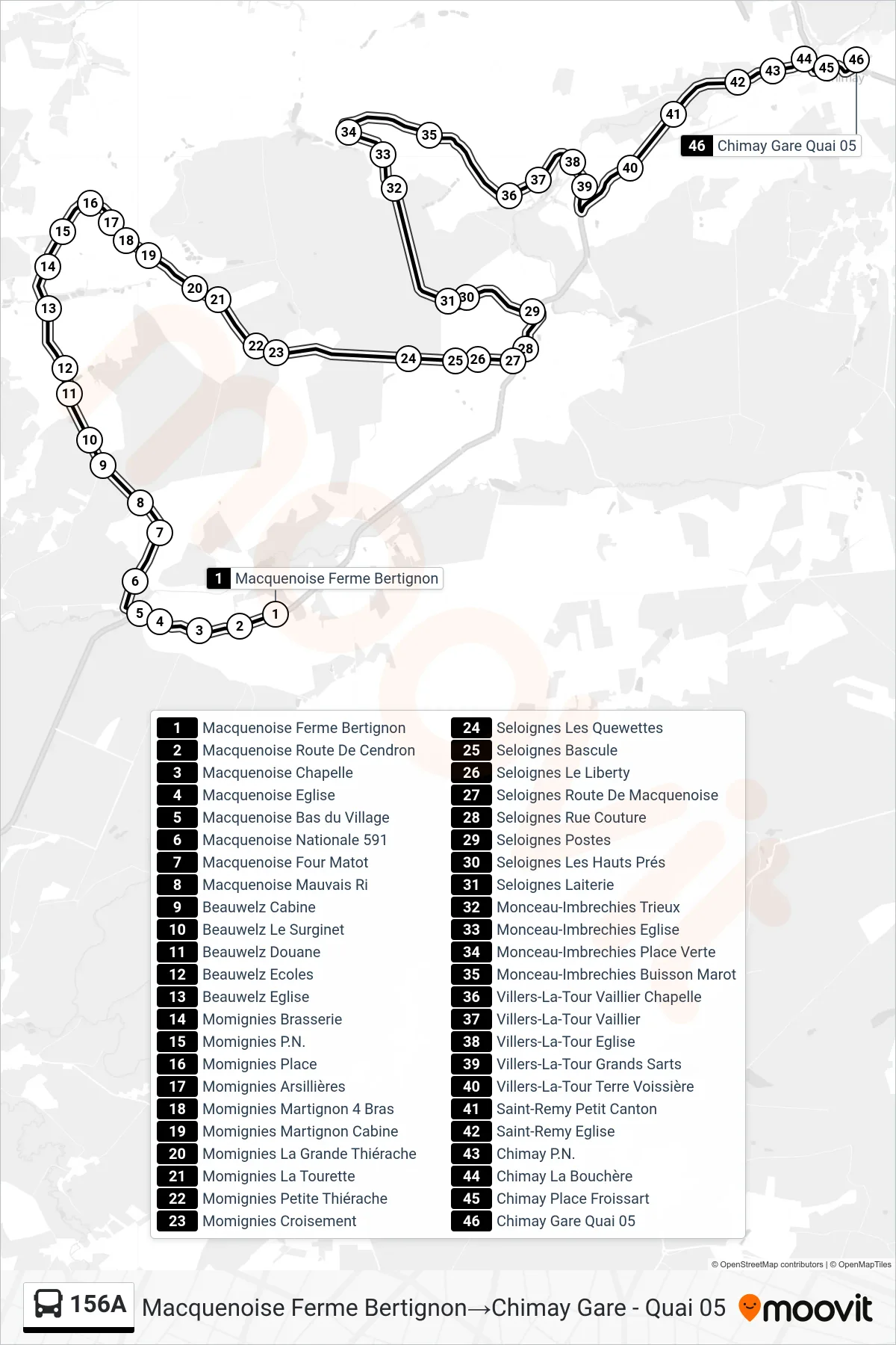 Lijn 156A (bus, Macquenoise Ferme Bertignon→Chimay Gare - Quai 05): route en haltes op de kaart