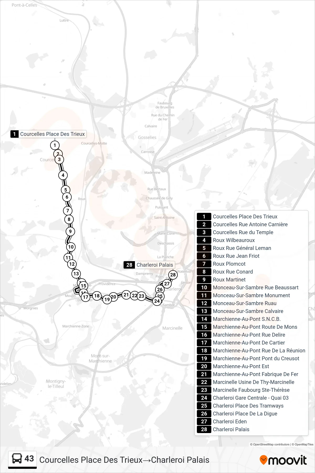 43 bus Line (Courcelles Trieux Square‎→Charleroi Palace) route and stops on a map