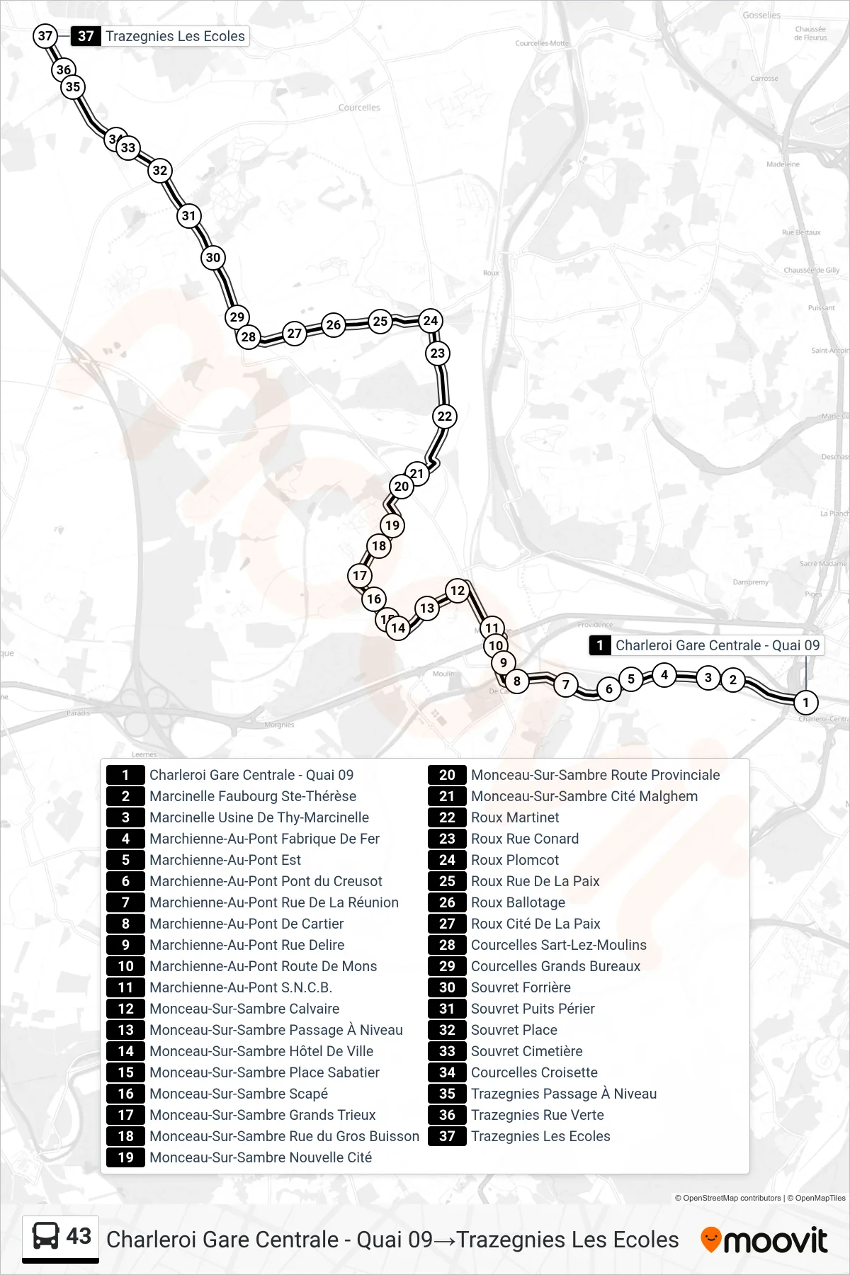 Lijn 43 (bus, Charleroi Gare Centrale - Quai 09‎→Trazegnies Les Ecoles): route en haltes op de kaart