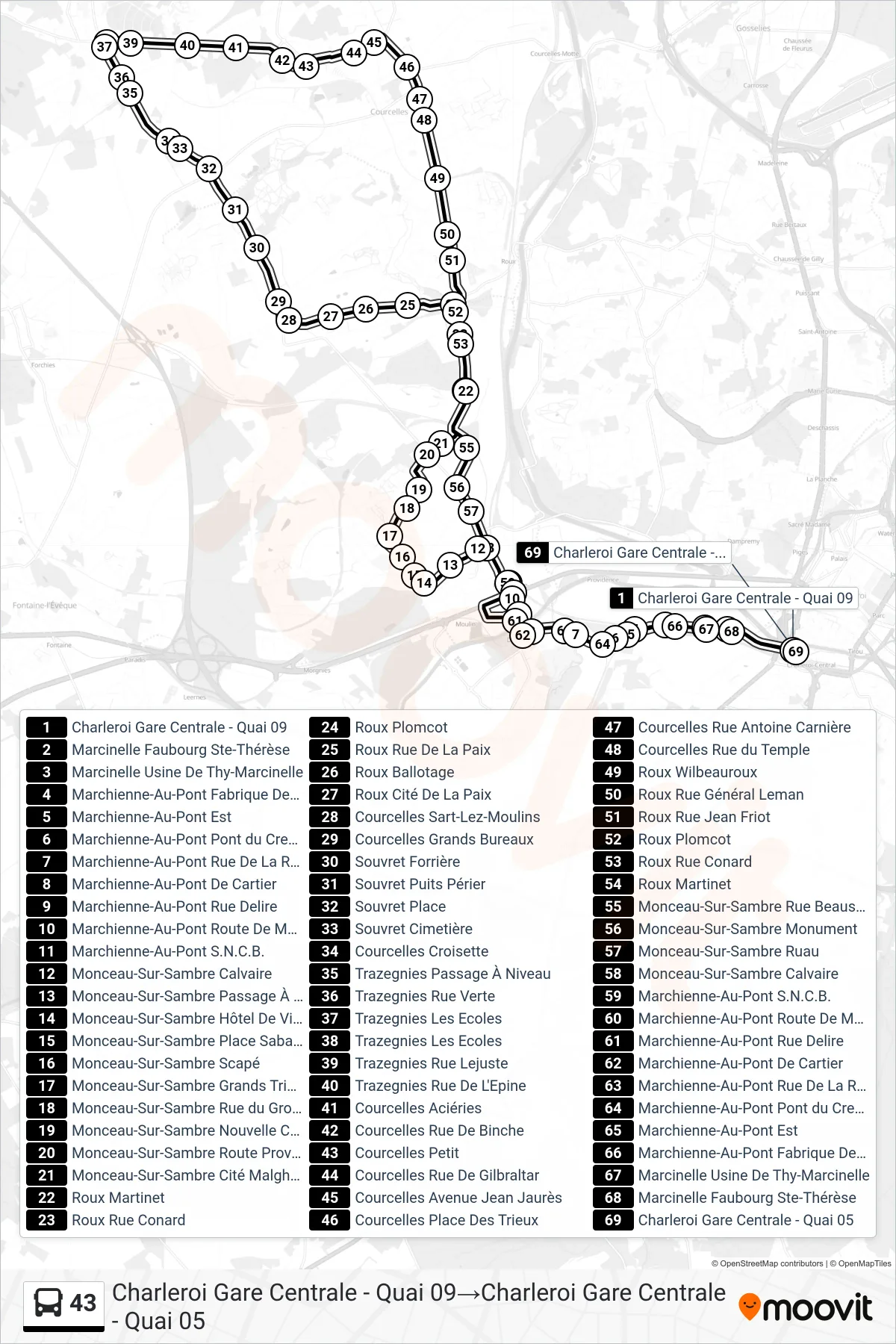 Lijn 43 (bus, Charleroi Gare Centrale - Quai 09‎→Charleroi Gare Centrale - Quai 05): route en haltes op de kaart