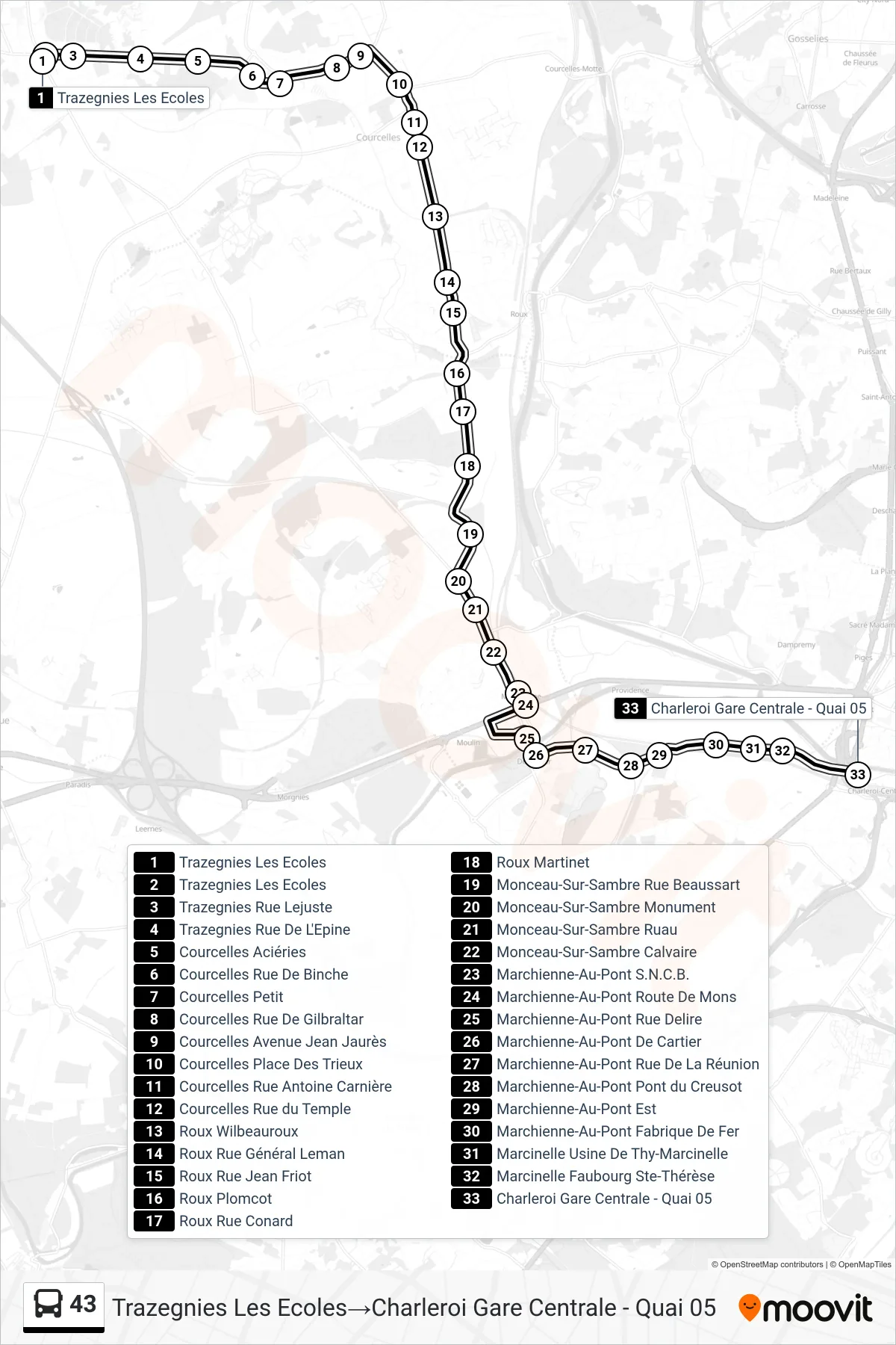 43 bus Line (Trazegnies The Schools→Charleroi Central Station - Platform 05) route and stops on a map