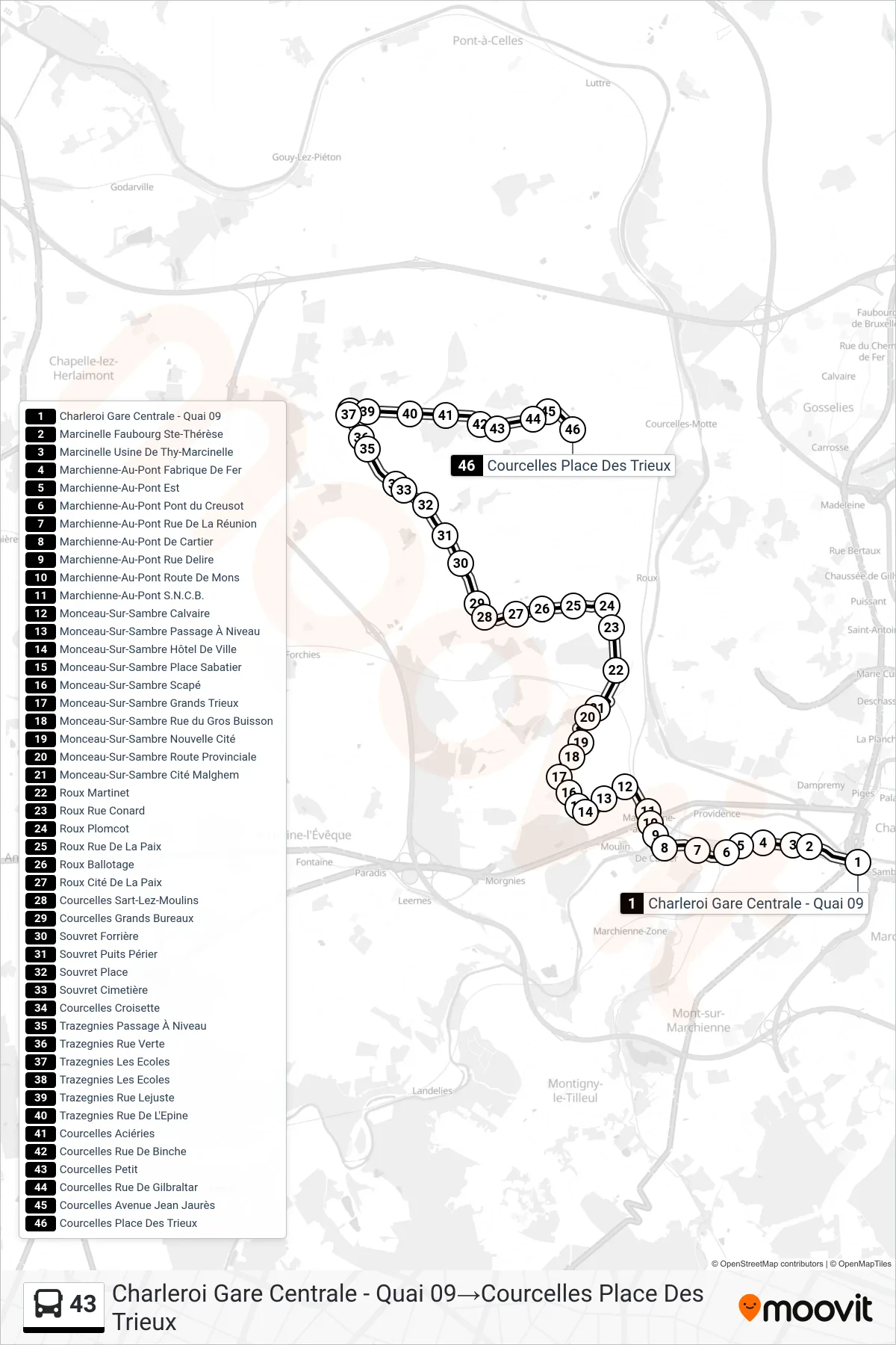 43 bus Line (Charleroi Central Station - Platform 09‎→Courcelles Trieux Square) route and stops on a map