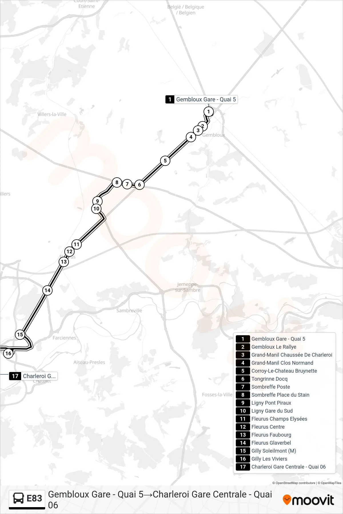 Lijn E83 (bus, Gembloux Gare - Quai 5→Charleroi Gare Centrale - Quai 06): route en haltes op de kaart