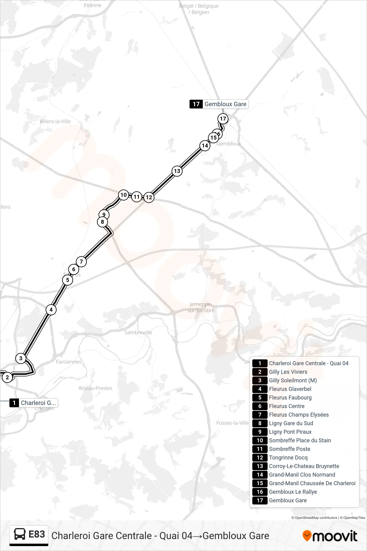 E83 bus Line (Charleroi Central Station - Platform 04→Gembloux Station) route and stops on a map