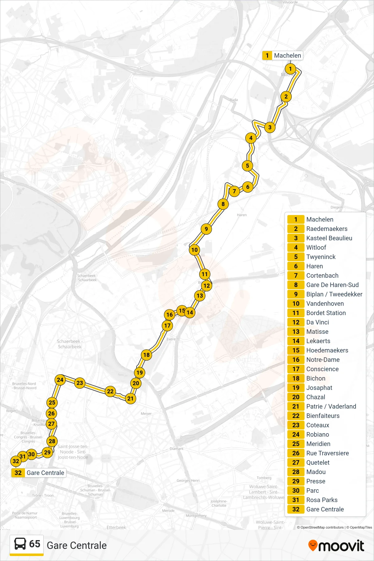 Lijn 65 (bus, Gare Centrale): route en haltes op de kaart