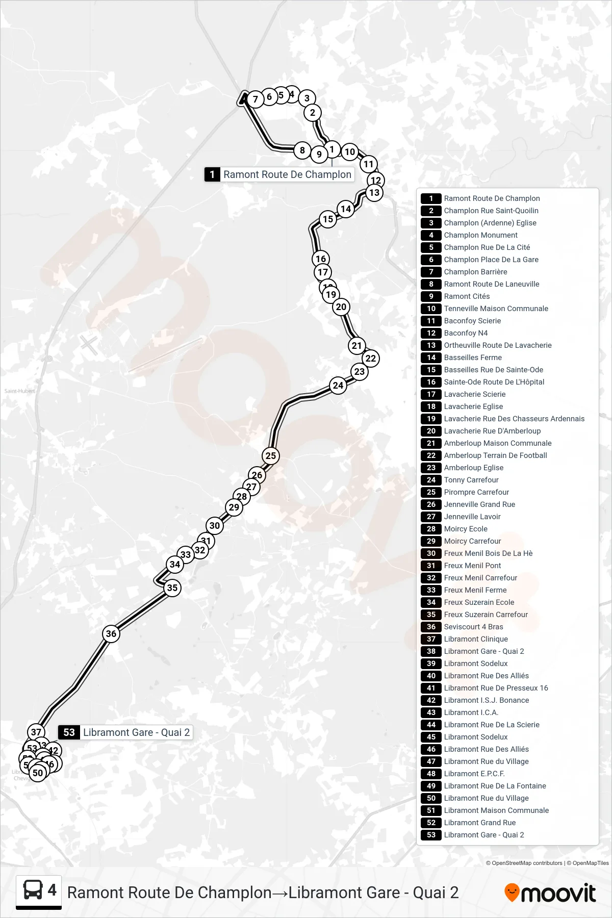 Lijn 4 (bus, Ramont Route De Champlon→Libramont Gare - Quai 2): route en haltes op de kaart