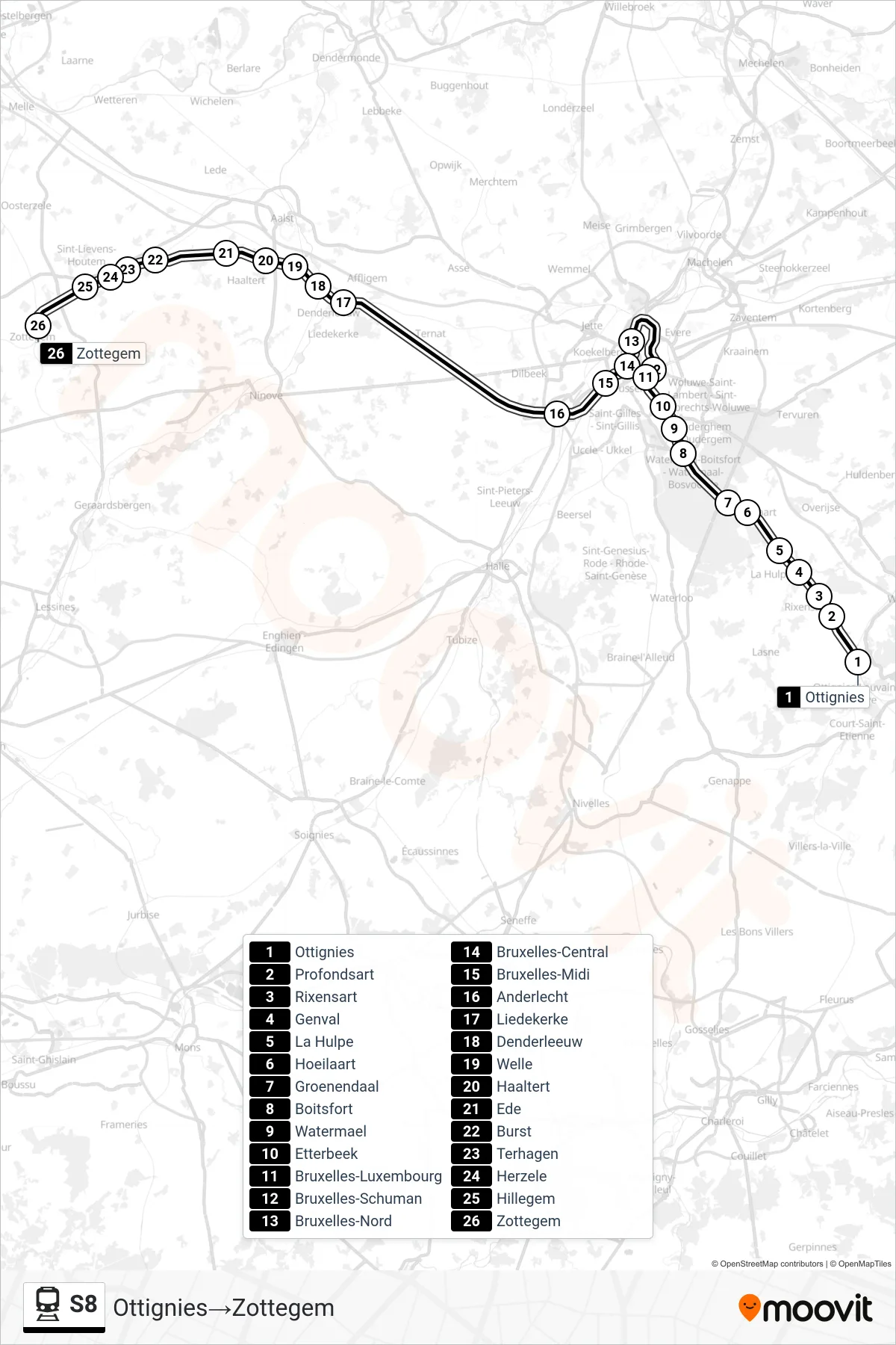 S8 rail Line (Ottignies‎→Zottegem) route and stops on a map