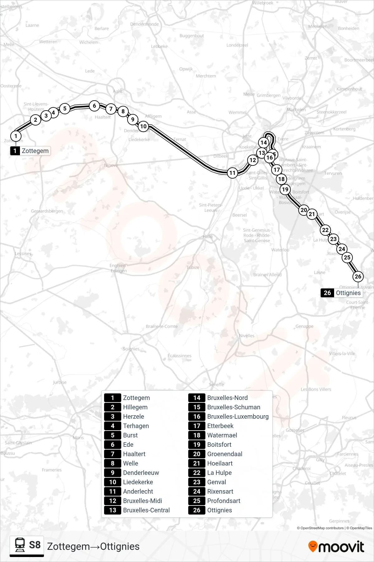 S8 train Line (Zottegem→Ottignies) route and stops on a map