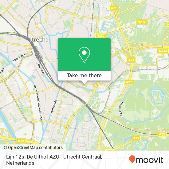 Lijn 12s: De Uithof AZU - Utrecht Centraal kaart