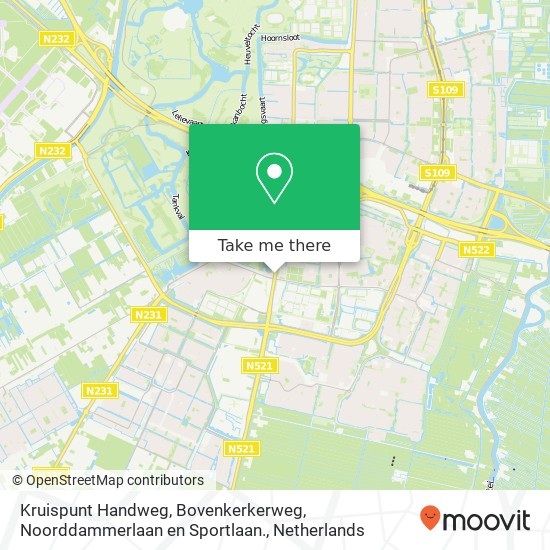 Kruispunt Handweg, Bovenkerkerweg, Noorddammerlaan en Sportlaan. kaart