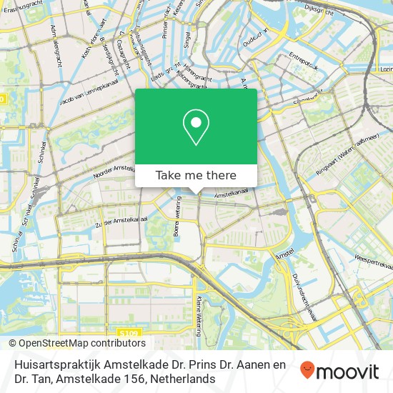 Huisartspraktijk Amstelkade Dr. Prins Dr. Aanen en Dr. Tan, Amstelkade 156 kaart