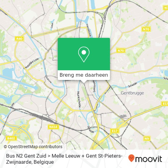 Bus N2 Gent Zuid > Melle Leeuw + Gent St-Pieters-Zwijnaarde kaart