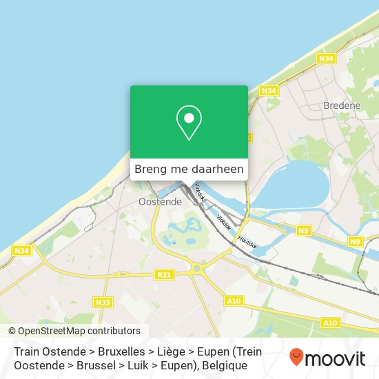 Train Ostende > Bruxelles > Liège > Eupen (Trein Oostende > Brussel > Luik > Eupen) kaart