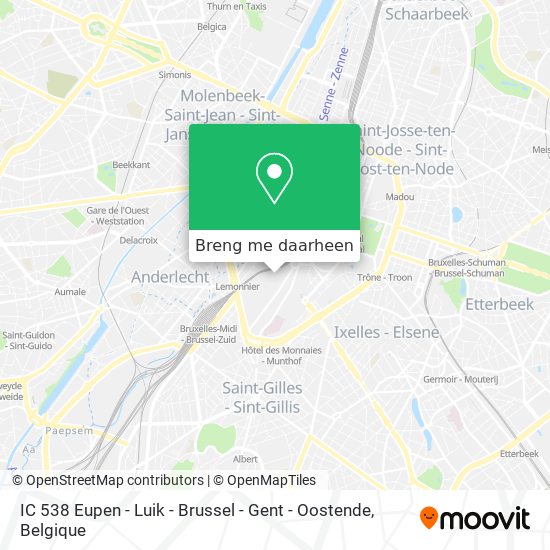 IC 538 Eupen - Luik - Brussel - Gent - Oostende kaart