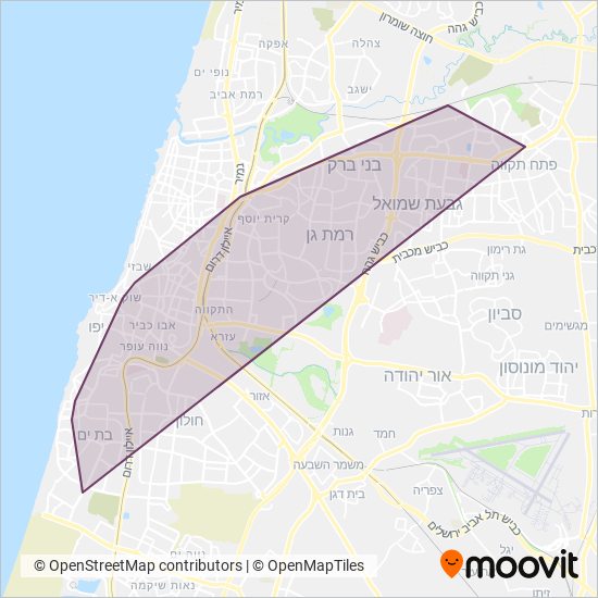 מפת אזורי הפעילות של הרכבת הקלה תל אביב - תבל - הקו האדום