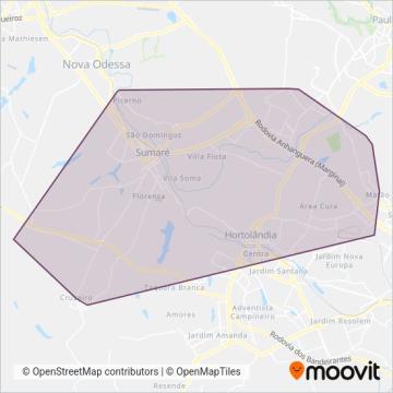 Mapa da área de cobertura da Auto Viação Ouro Verde