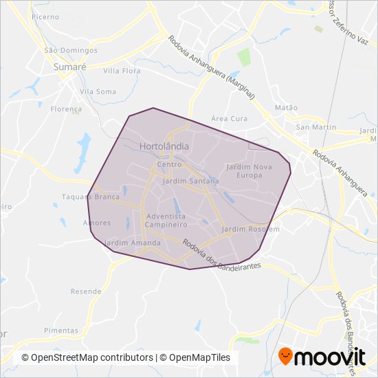 Mapa del área de cobertura de Sec. de Mobilidade Urbana de Hortolândia