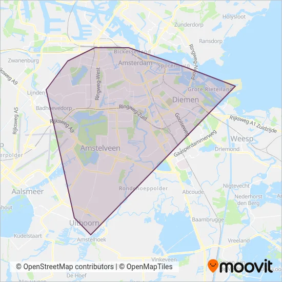 GVB (Tram) kaart dekkingsgebied