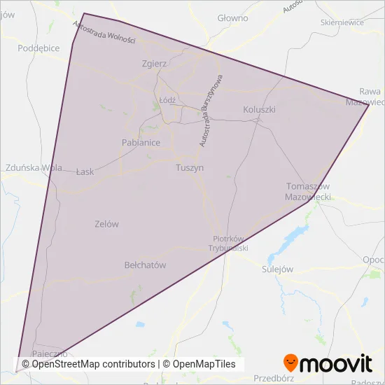 Łódzka Kolej Aglomeracyjna (Bus) coverage area map