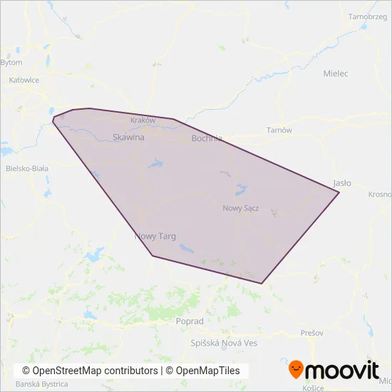 Koleje Małopolskie (Rail) coverage area map