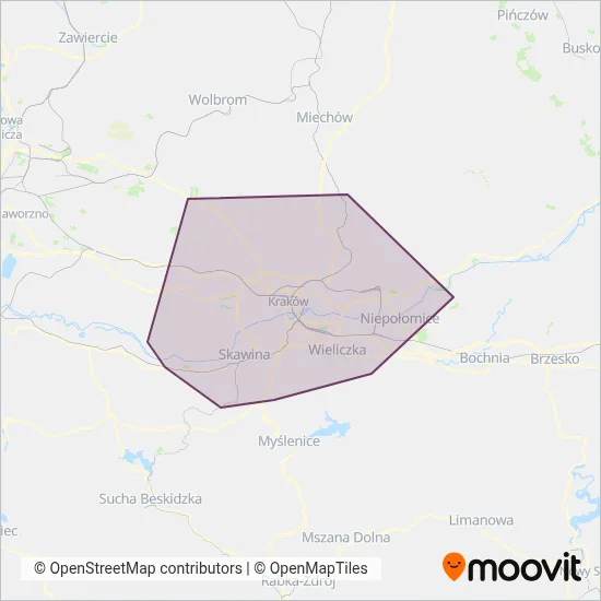 Miejskie Przedsiębiorstwo Komunikacyjne S.A. w Krakowie coverage area map