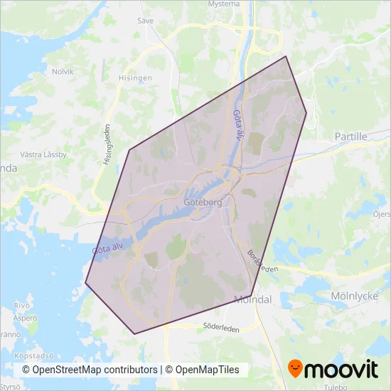 Västtrafik (Spårvagn) täckningsområdeskarta