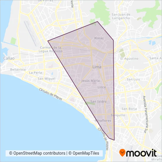 Mapa del área de cobertura de Corredor Azul