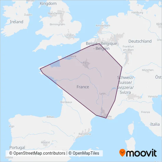 Mapa del área de cobertura de SNCF VOYAGEURS