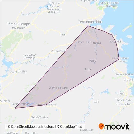 Area coperta dal servizio di AUTOSERVIZI NORDORIENTALE S.A.S. DI BRUNDU COSIMO DAMIANO & C.