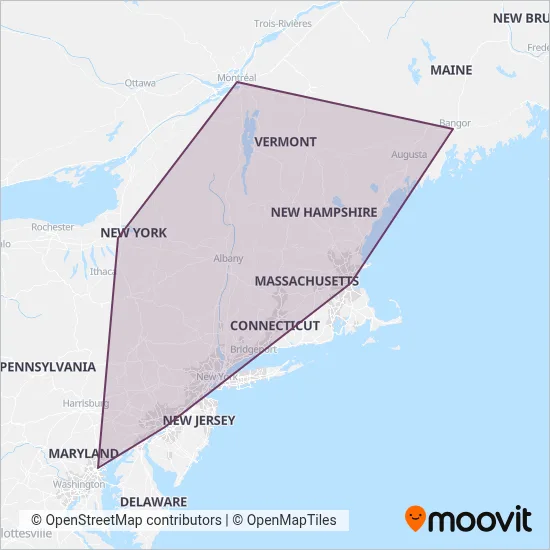 Mapa del área de cobertura de Greyhound-us