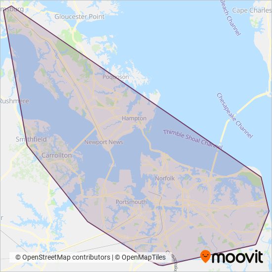 Mapa del área de cobertura de Hampton Roads Transit (HRT)