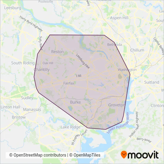 Mapa del área de cobertura de Fairfax Connector