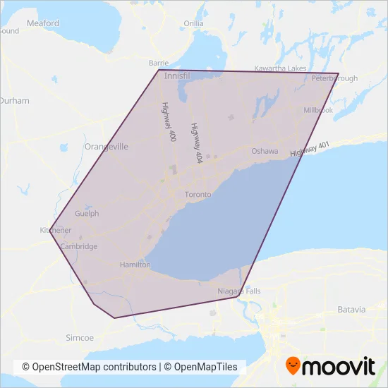 Carte de la zone de couverture de GO Transit (Bus)