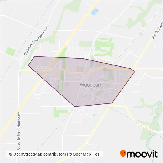 Mapa del área de cobertura de Woodburn Transit