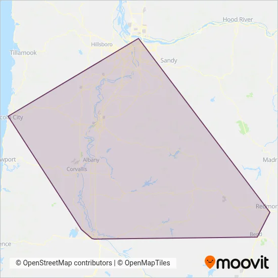 Mapa del área de cobertura de Pacific Crest Bus Lines
