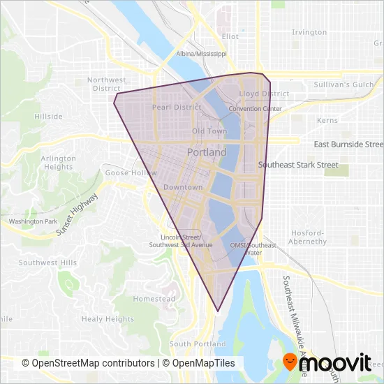 Mapa del área de cobertura de Portland Streetcar