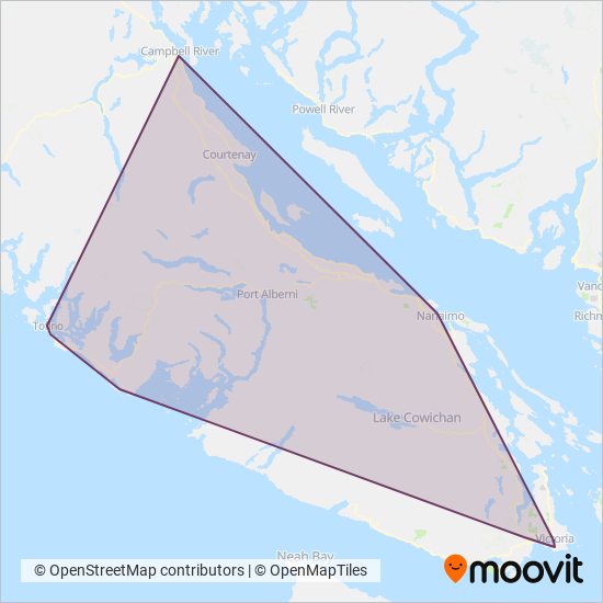 Vancouver Island Connector & Tofino Bus coverage area map