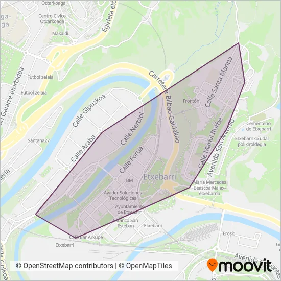Mapa del área de cobertura de Etxebarri Bus