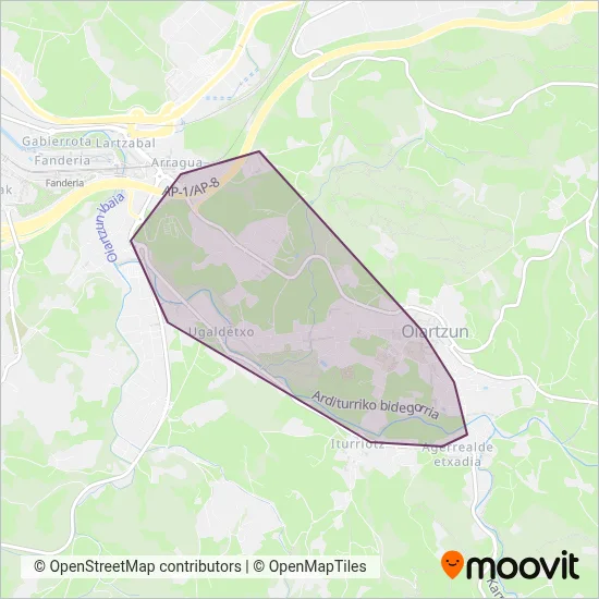 Mapa del área de cobertura de Lurraldebus Urbano De Oiartzun