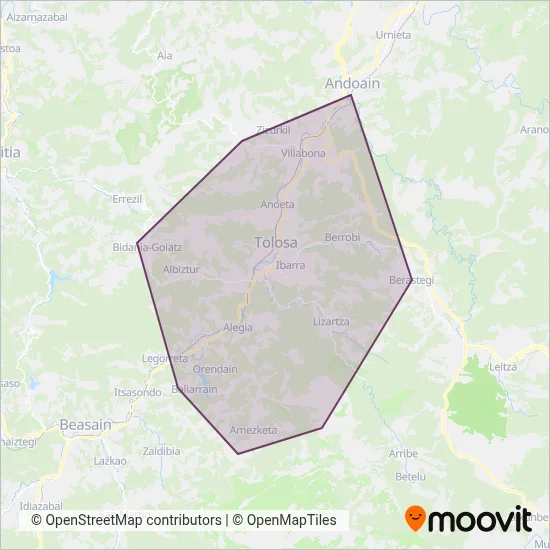 Mapa del área de cobertura de Lurraldebus Tolosaldea