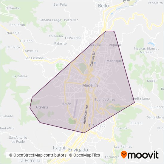 Mapa del área de cobertura de Alimentadoras Metro