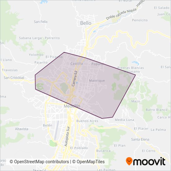 Mapa del área de cobertura de Metrocable