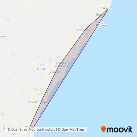 Mapa del área de cobertura de Castelló de la Plana-València amb prolongació a Vinarós