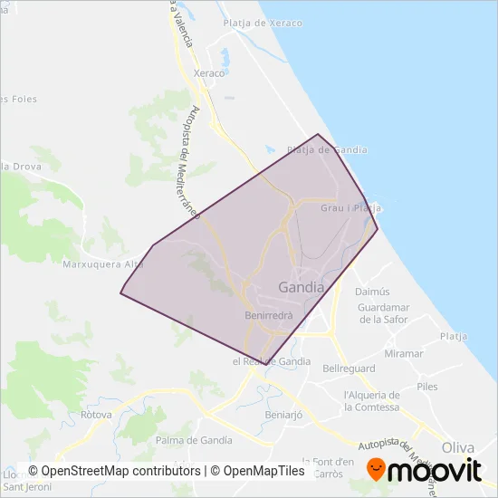 Mapa del área de cobertura de Real de Gandia – Platja de Gandia