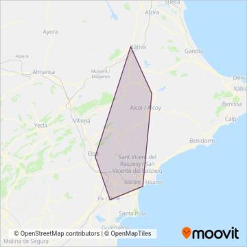 Mapa del área de cobertura de València - Alacant/Elx