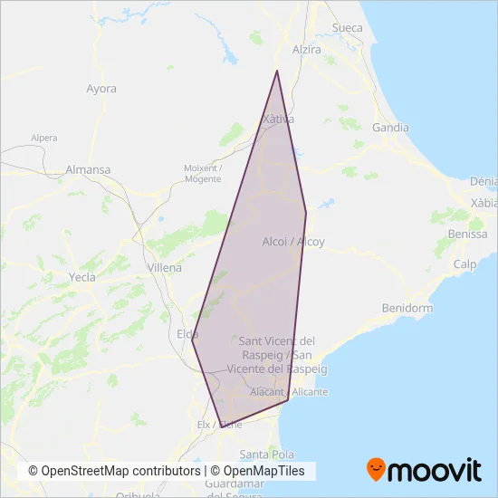 Mapa del área de cobertura de València - Alacant/Elx