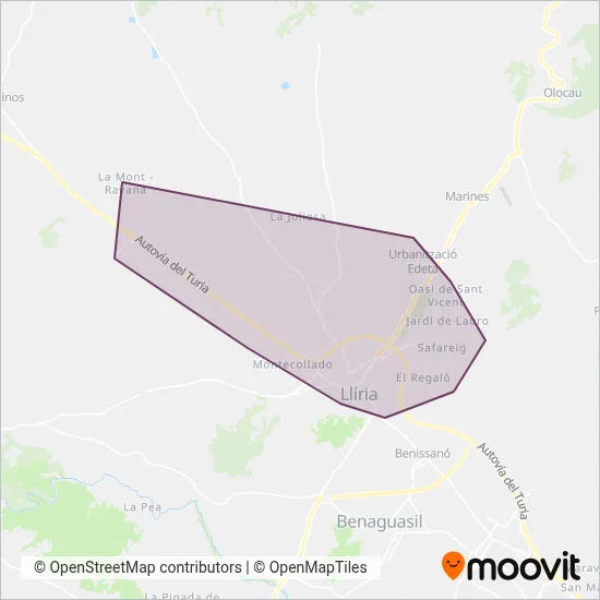 Mapa del área de cobertura de Transport urbà de Llíria (Llíriabus)
