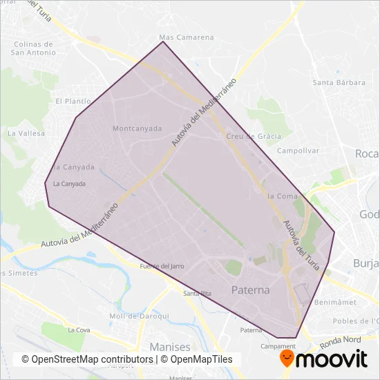 Mapa del área de cobertura de Transport urbà de Paterna (PaternaBus)