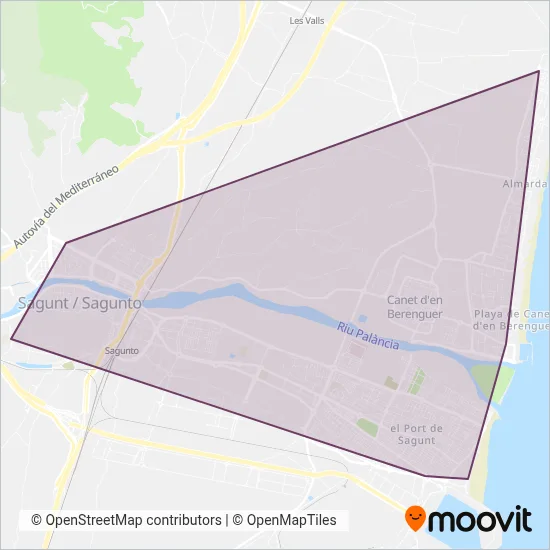 Mapa del área de cobertura de Transport urbà de Sagunt (Servei Urbá de Viatgers)