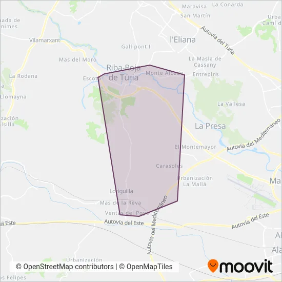 Mapa del área de cobertura de Transport urbà de Riba-roja de Túria